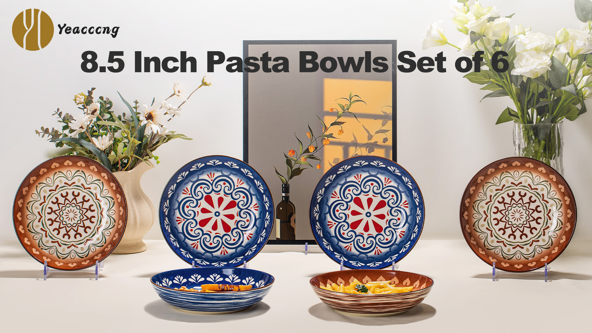 Amazon.com | Yeacccng Bohemian Pasta Bowls Set of 6, 8.5 Inch 35